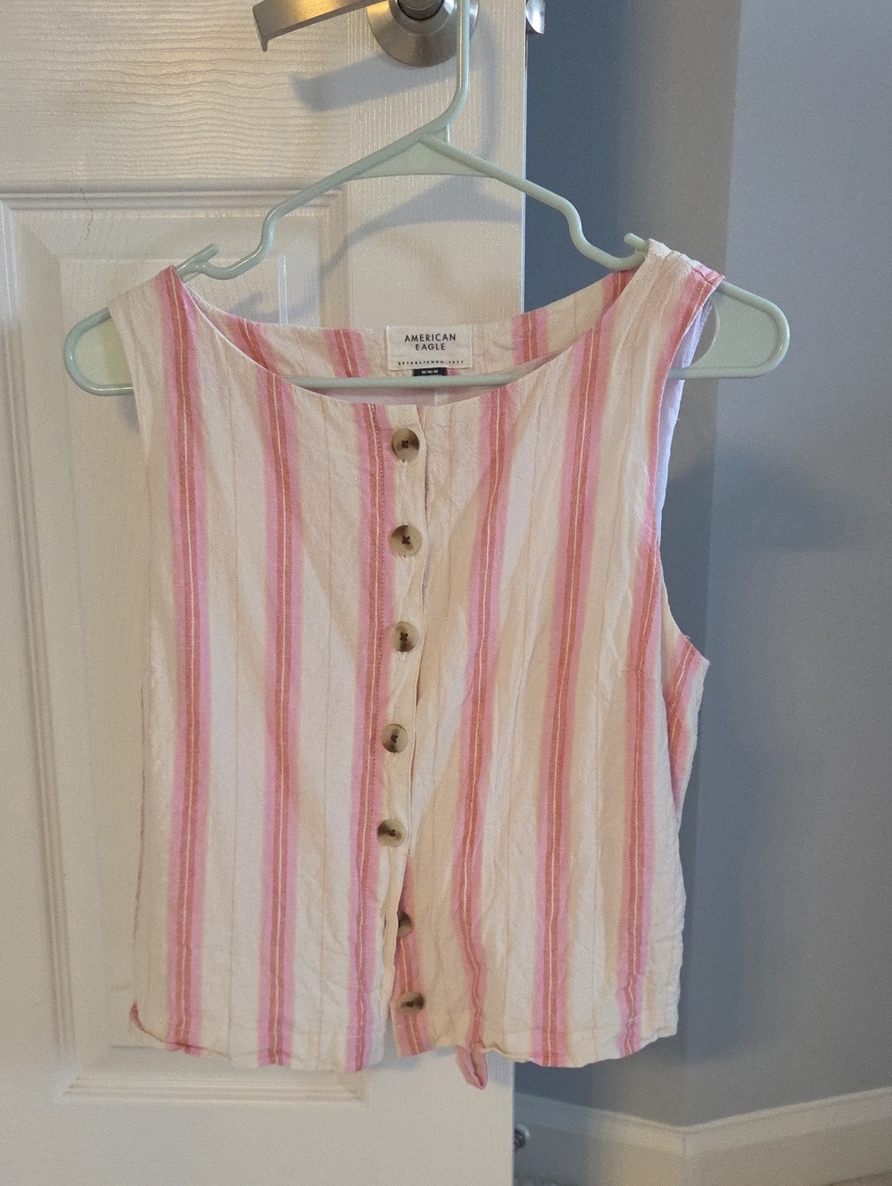 American Eagle Pink & White Striped Button-Front Top Tie Back